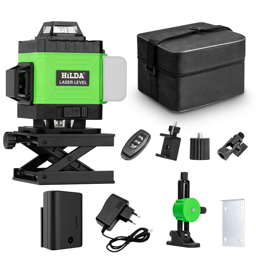 Hilda:4D 16-Line Green Laser Level – 360° Self-Leveling. Professional 16-line green laser level with full 360° coverage for accurate alignment in seconds.
Perfect for tiling, drywall, ceilings, windows, and construction work.
✔ Ultra-bright green