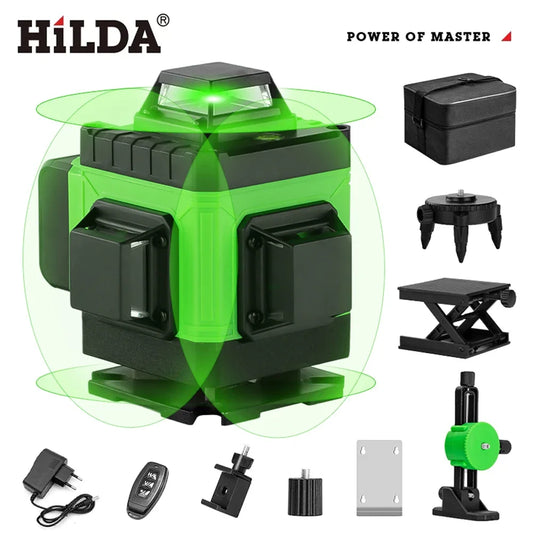 Hilda:4D 16-Line Green Laser Level – 360° Self-Leveling.         Professional 16-line green laser level with full 360° coverage for accurate alignment in seconds.
Perfect for tiling, drywall, ceilings, windows, and construction work.

✔ Ultra-bright green