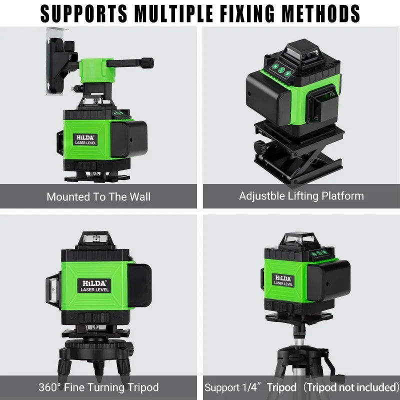 Hilda:4D 16-Line Green Laser Level – 360° Self-Leveling.         Professional 16-line green laser level with full 360° coverage for accurate alignment in seconds.
Perfect for tiling, drywall, ceilings, windows, and construction work.

✔ Ultra-bright green